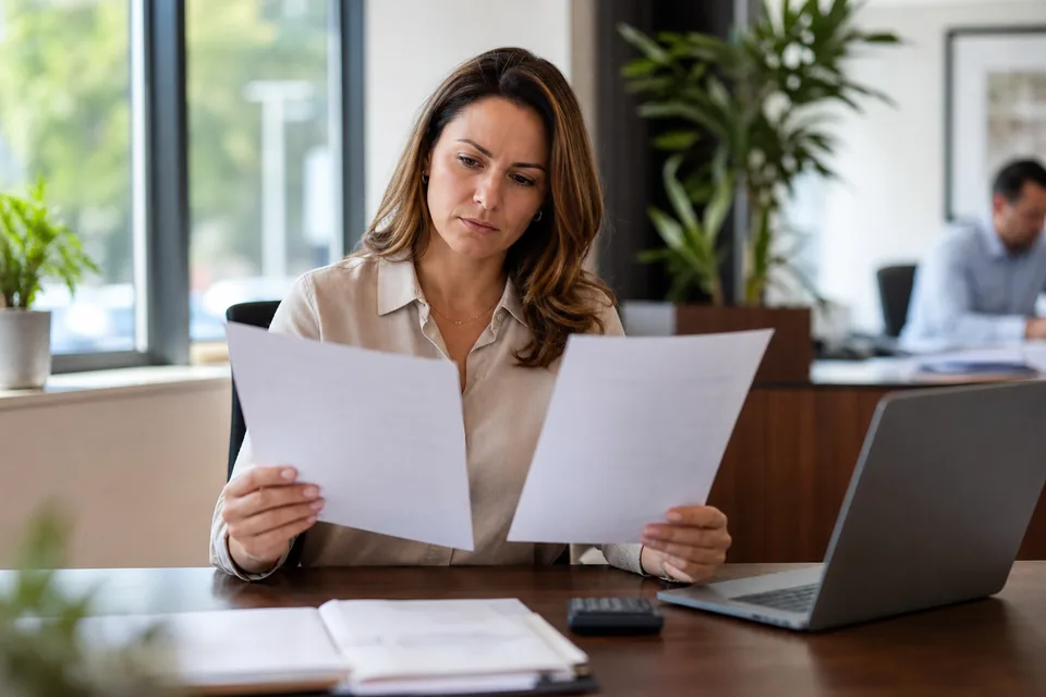 Office manager comparing two vendor invoices next to a laptop and a calculator
