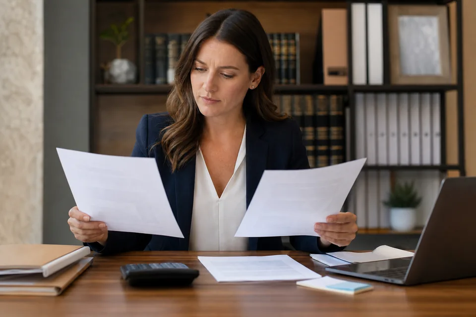 Operations manager at a law firm comparing two printed price sheets with a calculator and laptop