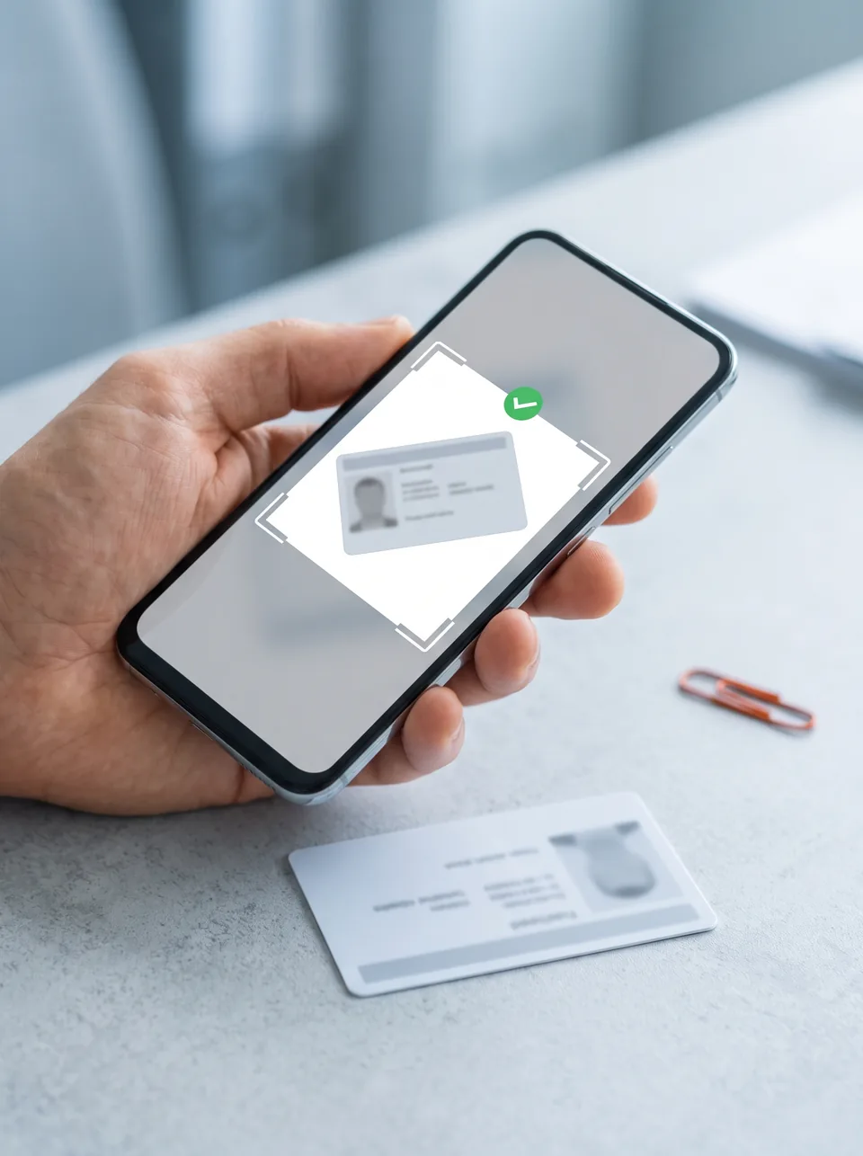 Signer holding a phone that scans a photo ID card before the notarization session