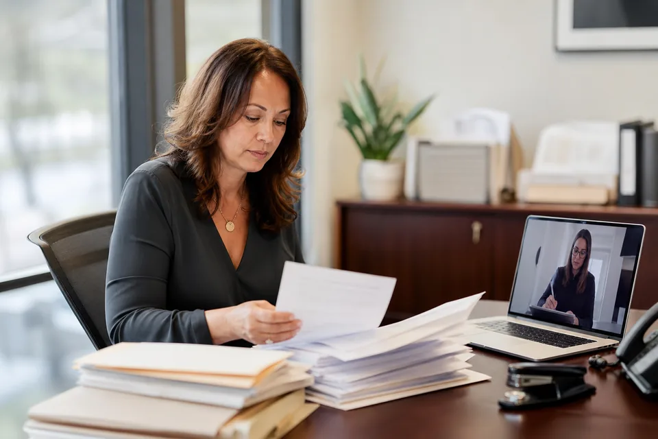 Escrow officer at a title company desk reviewing closing documents next to a laptop video call with a notary