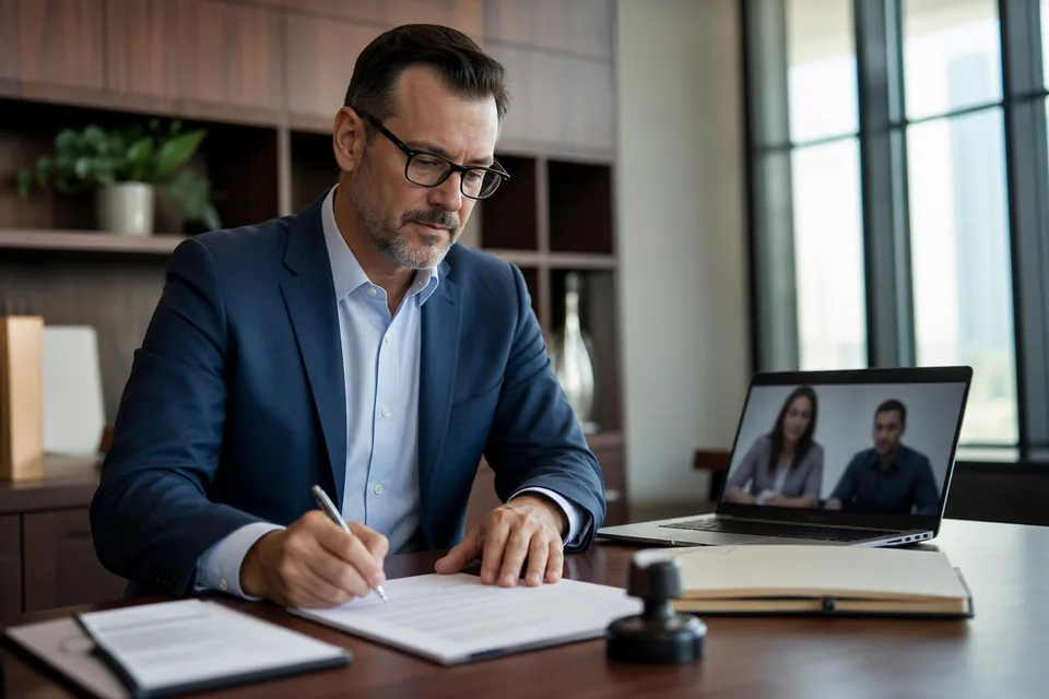 Commissioned staff notary at a bank office desk with a notary stamp and a laptop video session