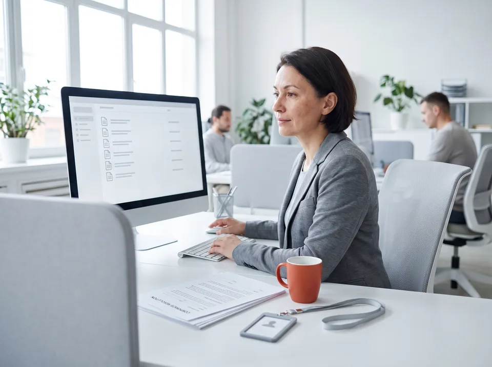HR manager preparing employment declarations for remote signers at an office desk