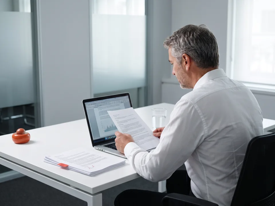 Attorney reviewing an affidavit on a laptop next to printed pages in a law office