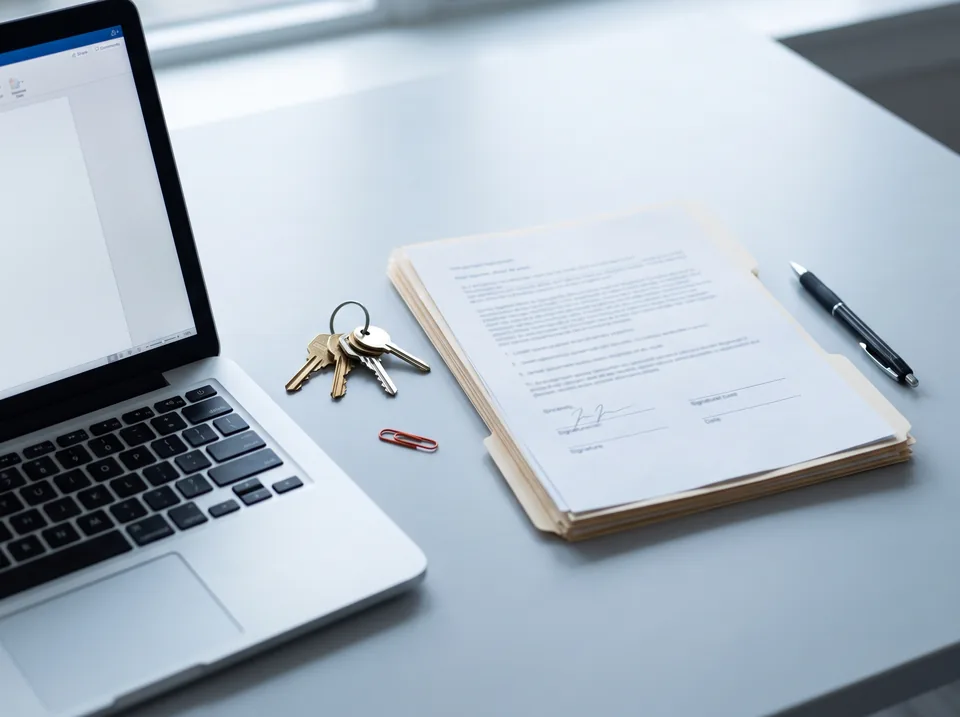 Closing package with deed pages, house keys and a laptop on a title office desk